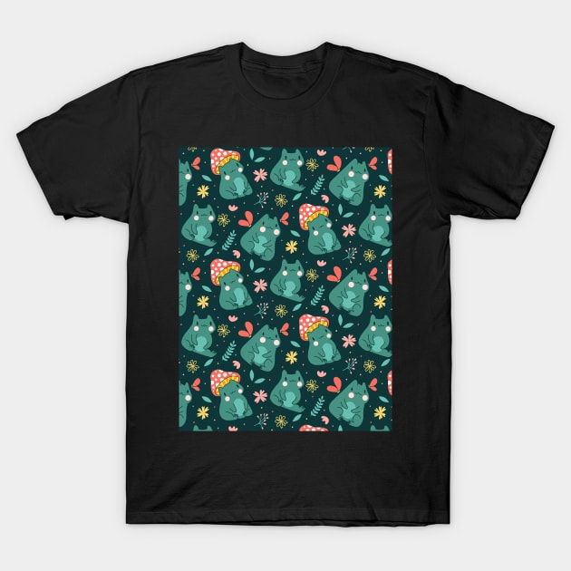 Kawaii Cottagecore Mushroom Frog Pattern T-Shirt by Sugoi Otaku Gifts